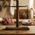 BARF Calcium Phosphor Verhältnis — Küchenwaage mit Calciumcarbonat, Knochen und rohem Fleisch