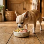 Kleiner Chihuahua frisst BARF-Ration aus winzigem Keramiknapf auf Holzküchenboden