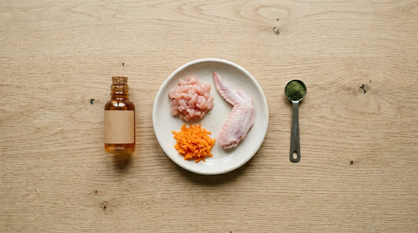 BARF-Ration für Chihuahua — die wichtigsten Zutaten BARF-Tagesration für Chihuahua: kleine Portion Hähnchenfleisch, Hühnerflügel, pürierte Möhre und Lachsöl auf Holzuntergrund