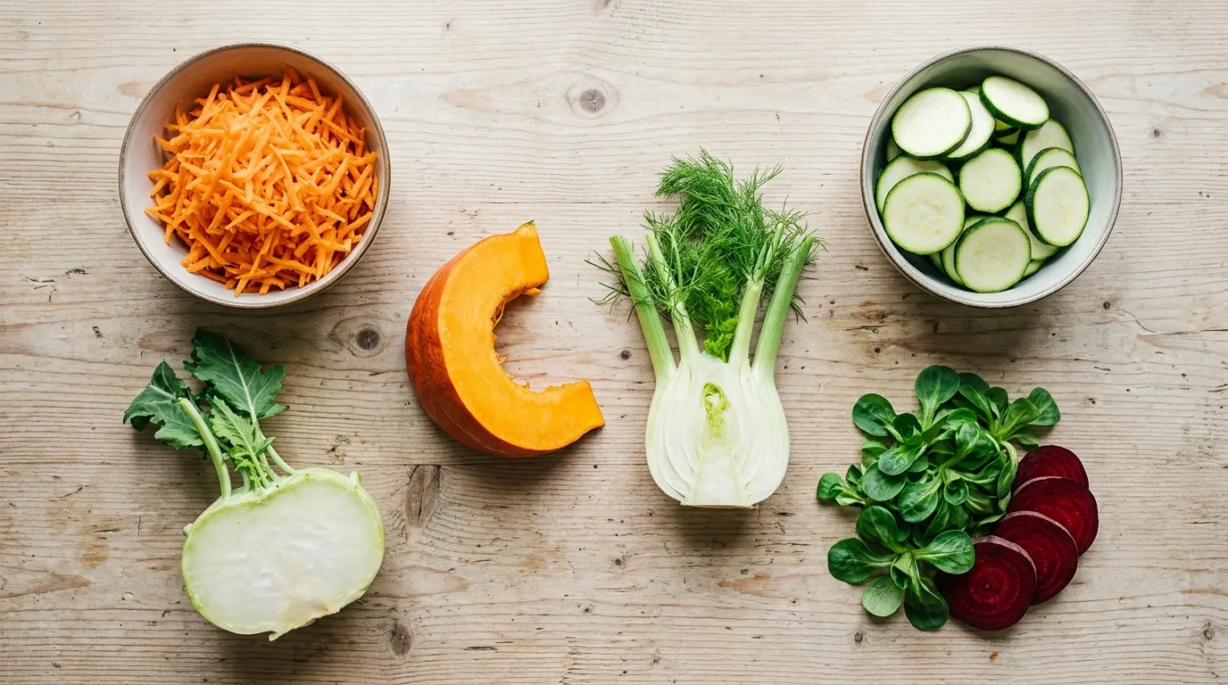 BARF Gemüse für Hunde — die besten Sorten und Mengen Auswahl an frischem BARF-Gemüse auf Holztisch: Möhre, Zucchini, Kürbis, Fenchel, Kohlrabi, Feldsalat — geeignet für BARFende Hunde