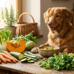 Hund sitzt vor frischer Auswahl an BARF-Gemüse auf Holztisch: Möhre, Zucchini, Kürbis, Fenchel und Kohlrabi