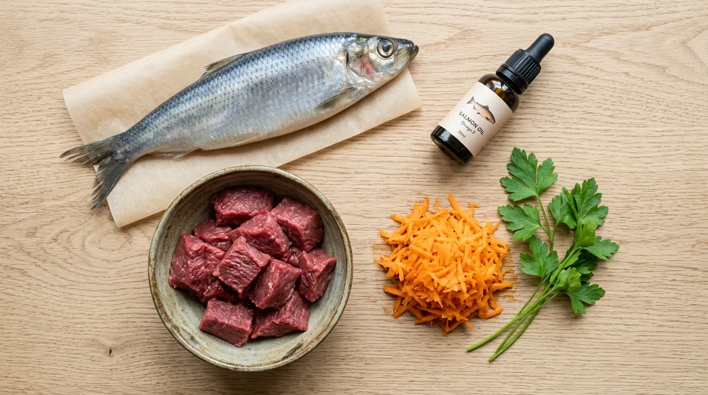 Omega-3-Quellen beim BARF für Golden Retriever Omega-3-reiche BARF-Zutaten für Golden Retriever: Hering, Lachsöl, Möhren