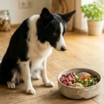 Kastrierter Hund vor BARF-Mahlzeit — portioniertes rohes Futter in Schüssel auf Küchentheke
