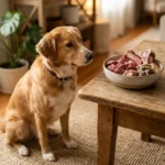 Hund sitzt vor einer BARF-Ration aus rohem Fleisch, Knochen und einem kleinen Schälchen mit gekochtem Reis — Veranschaulichung der Frage nach Kohlenhydraten beim BARFen