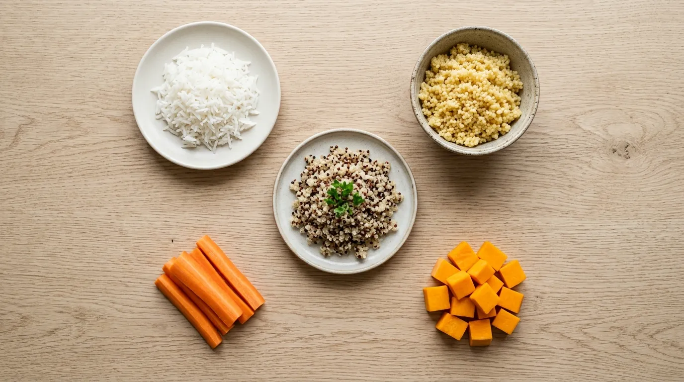 BARF Kohlenhydrate für Hunde: gekochter Reis, Hirse und Quinoa neben rohem Fleisch auf Holzuntergrund — Vergleich geeigneter Kohlenhydratquellen beim BARFen