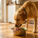 Labrador Retriever frisst BARF-Ration aus Edelstahlnapf