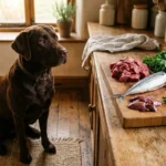 Hund vor frischen BARF-Zutaten — rohes Fleisch, Leber, Fisch und Gemüse auf Holzbrett