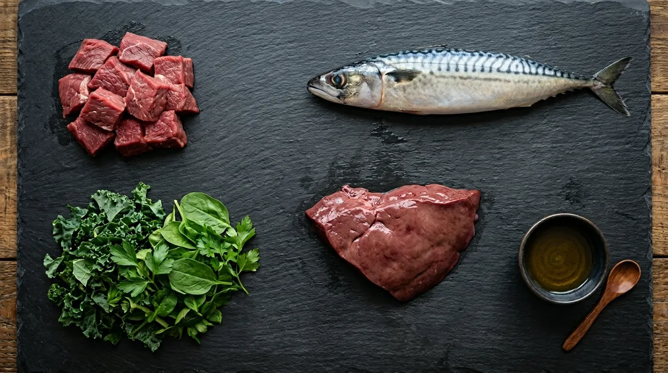 BARF Nährstoffbedarf Hund — Zutaten nach Kategorien BARF Nährstoffe Hund — verschiedene Zutaten nach Nährstoffkategorien sortiert: Fleisch, Leber, Fisch und Gemüse