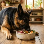 Deutscher Schäferhund frisst BARF-Ration aus Keramiknapf mit frischem Fleisch und Gemüse