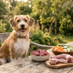 Hund sitzt vor einer Auswahl frischer BARF-Zutaten: rohes Fleisch, Knochen, Gemüse und Lachsöl auf Holztisch