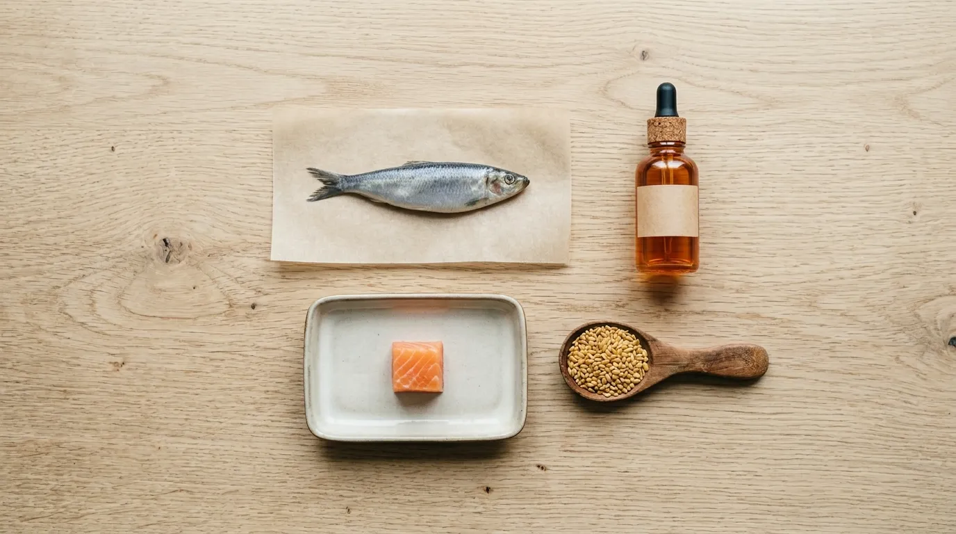 Omega-3-Quellen für Yorkshire Terrier Fell beim BARFen Omega-3-reiche BARF-Zutaten für Yorkshire Terrier: Hering, Lachsöl-Fläschchen und Leinsamenportion auf Holzuntergrund
