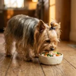 Yorkshire Terrier frisst BARF-Ration aus kleinem Keramiknapf auf Holzküchenboden, seidiges Fell glänzend
