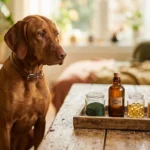 Hund sitzt neben BARF-Zusätzen auf Holztisch: Seaalgenmehl-Pulver, Lachsöl-Flasche, Vitamin-E-Kapsel und Bierhefe-Flocken