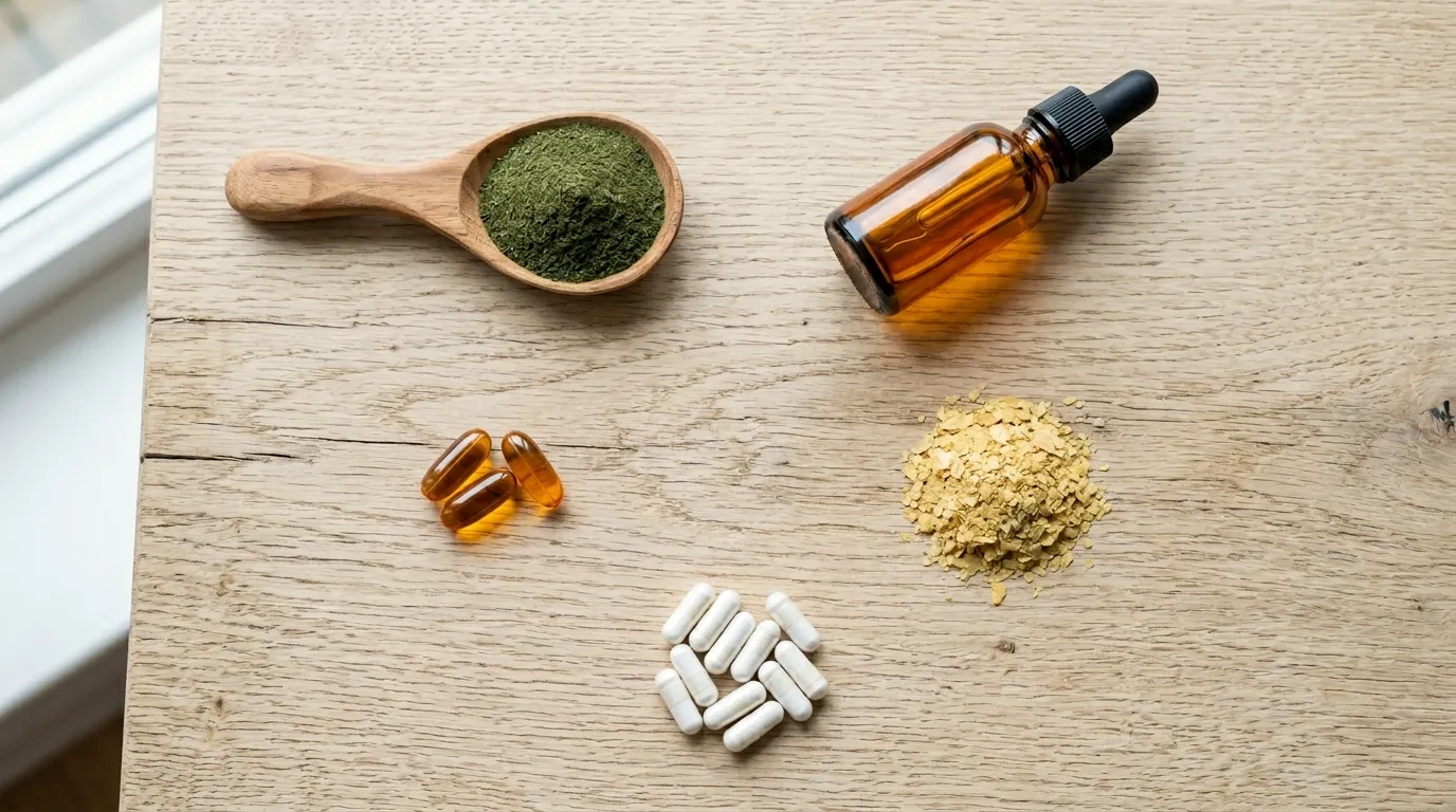 BARF Zusätze Übersicht — Seaalgenmehl, Lachsöl, Vitamin E, Zink Flat-lay BARF-Zusätze: Seaalgenmehl in kleinem Löffel, Lachsöl-Flasche, Vitamin-E-Öl, Bierhefe-Flocken und Zinkchelat-Kapseln auf Holzuntergrund