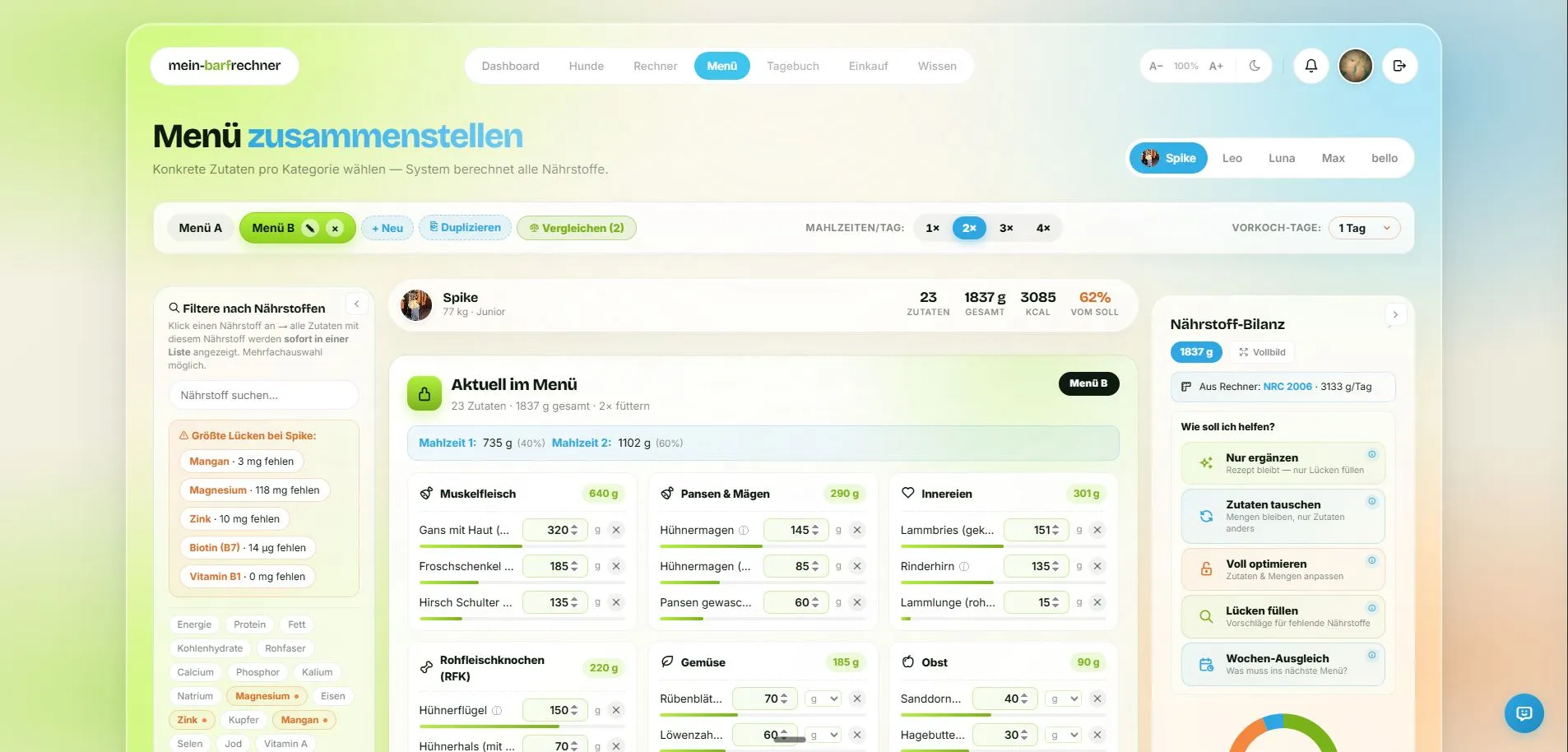 mein-barfrechner.de — alles in einem integrierten System Integriertes BARF-System: Ration, Nährstoffanalyse und Gesundheitstagebuch in einem