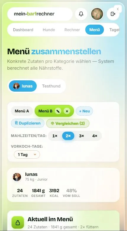 BARF-Rechner Premium Dashboard Mobilansicht — Menü mit Nährstoffanalyse und Zutaten-Übersicht