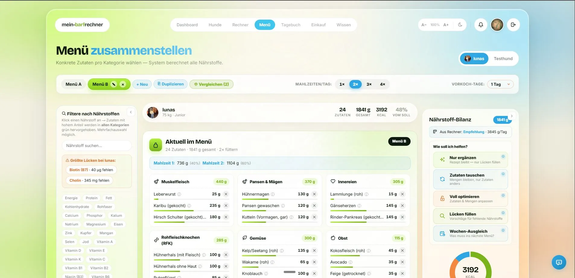 BARF-Rechner Premium Dashboard — Menü mit 24 Zutaten, Nährstoff-Balken und Bilanz für individuellen Futterplan