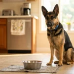 Abgemagerter Hund sitzt vor Futterschüssel — EPI Hund Symptome und Ernährung bei Pankreasinsuffizienz