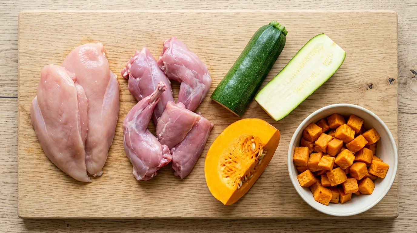 Fettarme BARF-Zutaten für Hunde mit Pankreatitis: Hähnchenbrust, Kaninchen, Zucchini und Kürbis