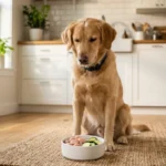 Hund mit Pankreatitis sitzt ruhig vor einer kleinen, fettarmen BARF-Mahlzeit