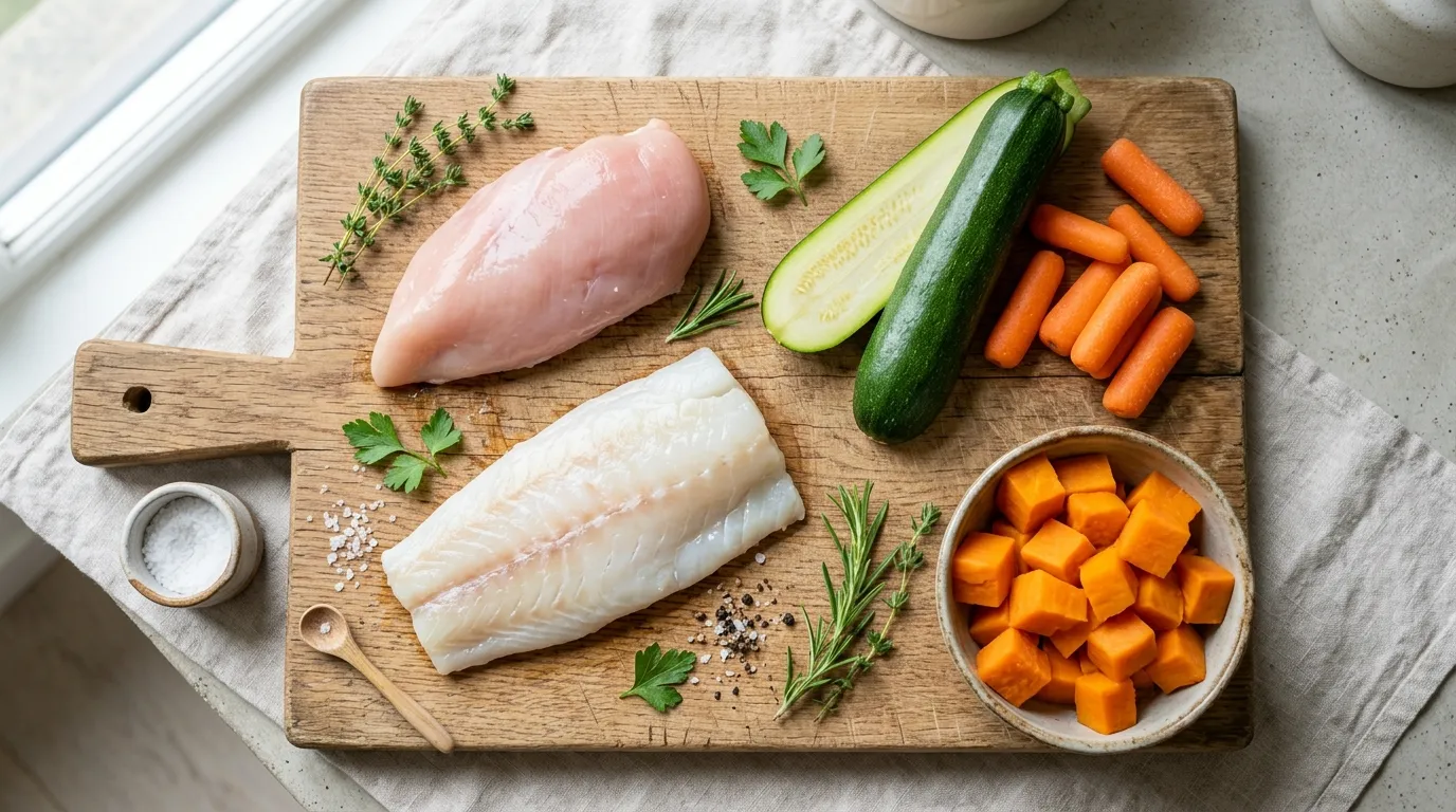 Fettarme Lebensmittel für Hunde mit Pankreatitis: Hähnchenbrust, Kabeljau, Zucchini und Süßkartoffel auf Holzbrett