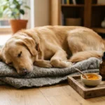 Hund liegt ruhig auf Hundedecke neben natürlichen Ergänzungsmitteln: Lachsöl, Kurkuma und Vitalpilzen