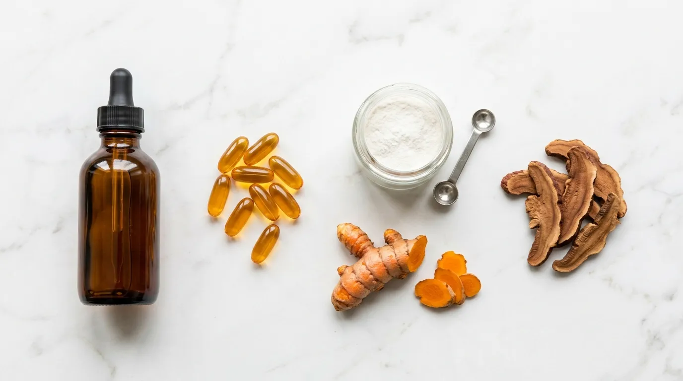 Natürliche Supplemente für Hunde mit Pankreatitis: Fischöl-Kapsel, Kurkuma-Wurzel, Vitamin E und frische Kräuter auf hellem Untergrund