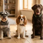 Verschiedene Hunderassen nebeneinander — Miniaturschnauzer, Cavalier King Charles Spaniel, Labrador — rassenspezifisches Pankreatitis-Risiko