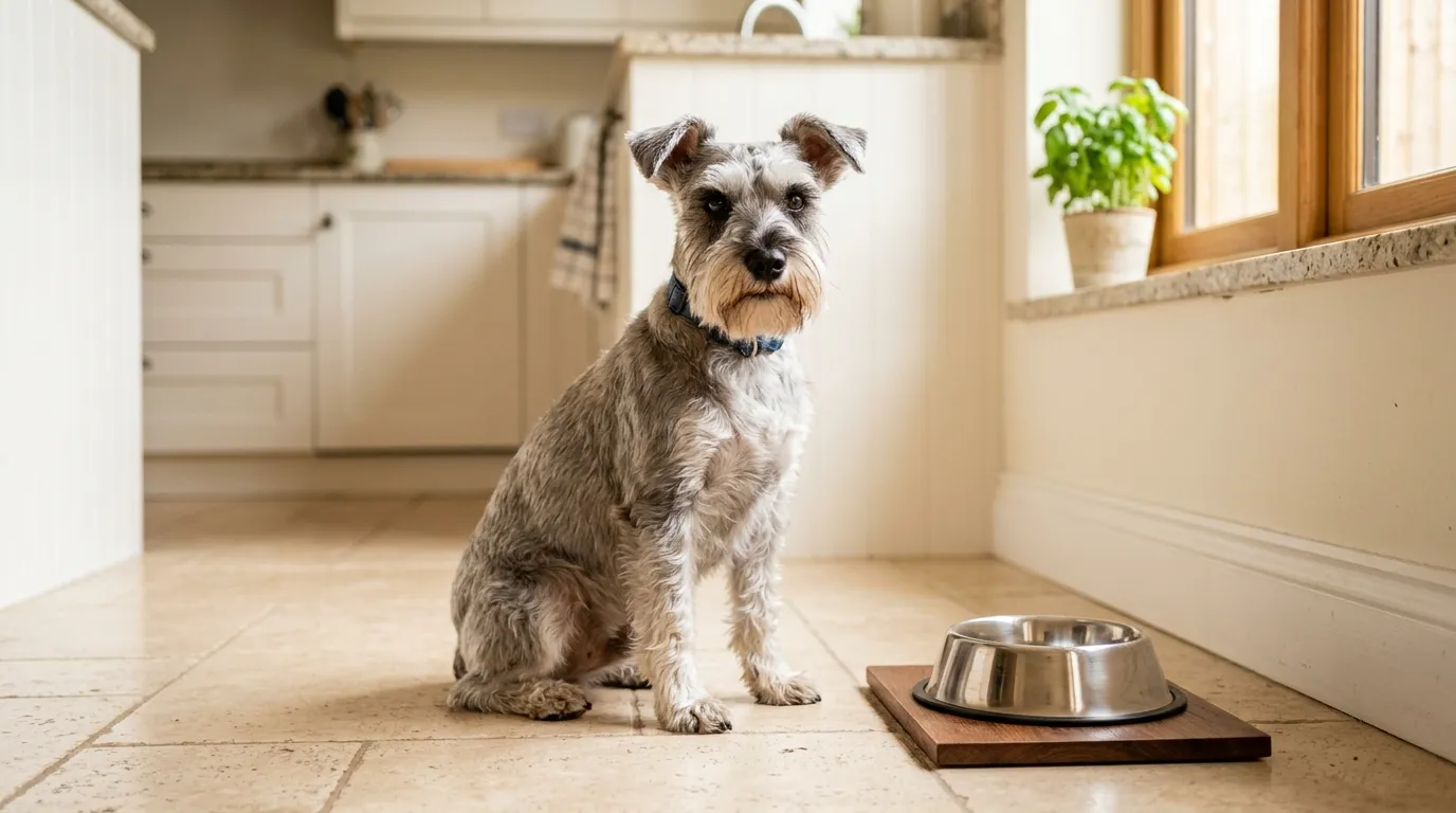 Zwergschnauzer sitzt aufmerksam neben einem Futternapf — Risikorasse für Pankreatitis durch genetische Hypertriglyzeridämie