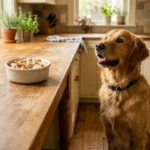 Hund schaut hoffnungsvoll auf frisch zubereitete Schonkost — fettarme Ernährung bei Pankreatitis