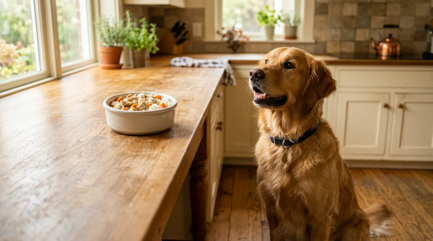 Pankreatitis Hund Rezept — Schonkost mit vollständiger Nährwertanalyse Schonkost-Rezept für Hund mit Pankreatitis: Hähnchenbrust, Reis und Karotten in Schüsseln vorbereitet