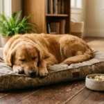 Gesunder Hund liegt ruhig auf seinem Hundebett neben einem Futternapf — stabiles Pankreatitis-Management