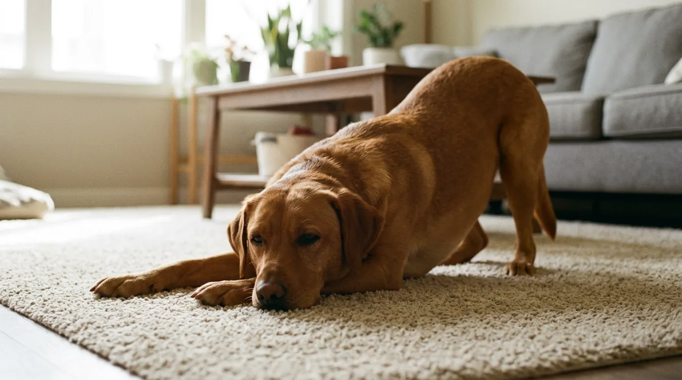 Gebetsstellung beim Hund — Zeichen für Bauchschmerzen Hund in der Gebetsstellung bei Bauchschmerzen: Vorderbeine gestreckt auf dem Boden, Hinterteil erhöht — seltenes aber bekanntes Pankreatitis-Zeichen