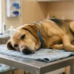 Hund liegt erschöpft und krank auf einem Tierarzttisch — Anzeichen für akute Pankreatitis